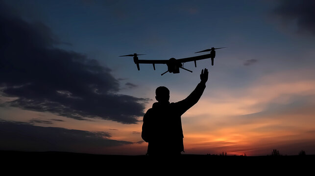 unmanned aerial vehicle in the hands of a man, silhouette against the background of the sky