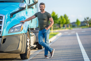 Trucking owner hispanic man at transportation vehicles driver near lorry taking a break