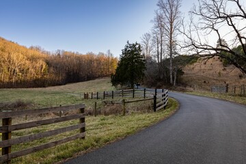 Fototapeta premium Idyllic country road through a stunning landscape of lush grassy fields