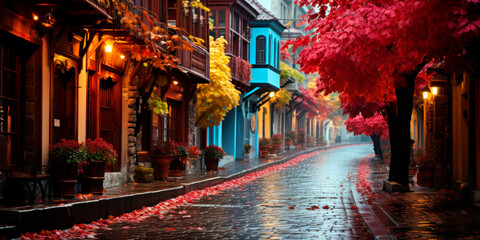 Fototapeta na wymiar autumn leaves falling on a historic street, culture, Historic cities