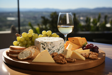 Wine and assorted cheese on a wood board