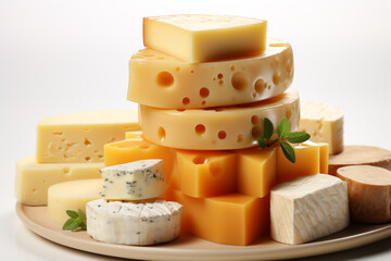 Stack of assorted cheese on a wooden board on white background