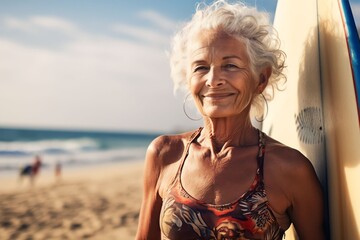 Senior surfer old woman holding surf board on the beach