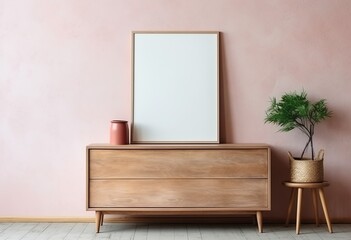 Wooden rustic chest of drawers near wall with blank