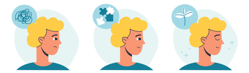 Set of Mental Health Illustrations. A character with a mental disorder is struggling with depression, chaotic thoughts and other psychological problems. The concept of psychotherapy and harmony.