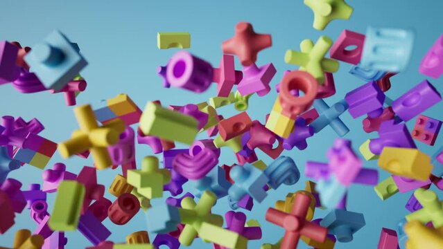 cycled 3d animation. Abstract colorful background. Irregular volumetric puzzle shapes jumping up and down. Assorted 3d elements in slow motion