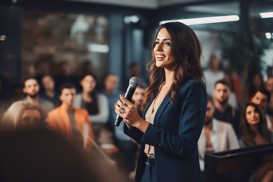 Successful female business entrepreneur professional giving seminar in front of audience
