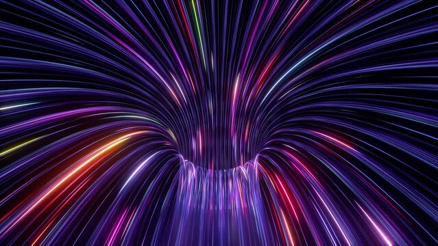 3d animation, abstract ultraviolet background. Flight forward the wormhole funnel. Moving down the neon tunnel. Neon lines sliding out the hole and leaving glowing tracks. Fantastic laser rays