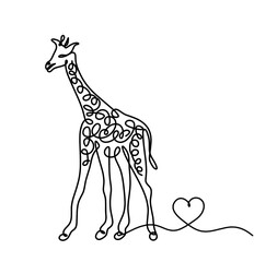 Silhouette of abstract giraffe with heart as line drawing on white. Vector