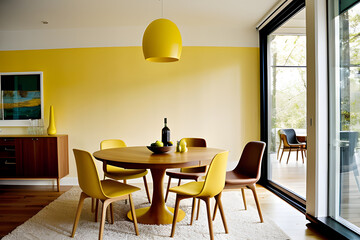 Interior design of modern dining room with yellow furniture and wooden table, Scandinavian style