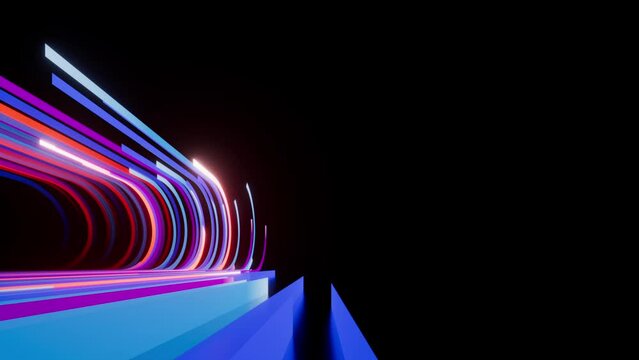 3d animation. Abstract background of blue pink neon stripes and ribbons ascending, moving from left to right, glowing in the dark. Modern wallpaper in slow motion