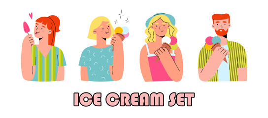 This illustration showcases a women and men holding an ice cream, capturing the essence of a summer concept. The happy their face convey the pleasure of enjoying a refreshing treat on a sunny day.