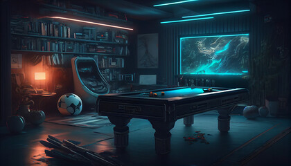 Games room with a cyber gamer computer, Ai generated image