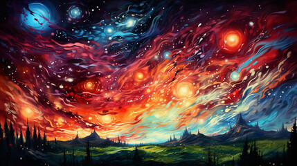 A field of galaxies as seen from a space window, colorful and surreal, mixture of swirling clouds and bursts of starlight, glass reflection, acrylic painted style, vibrant and otherworldly