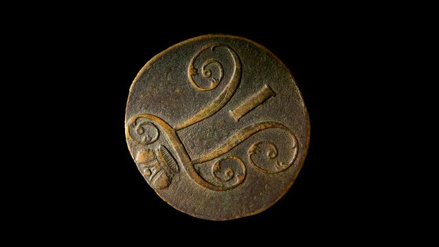 Obverse of Russian empire 2 copecks 1799, isolated in black background. 3d animation in 4k animation.