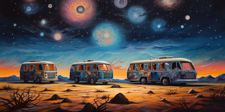 A fleet of vintage camper vans in a desert under a starry night sky, depicted in a surrealist style, dreamy, ethereal, full of symbolism
