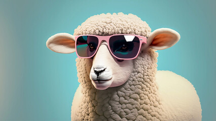 Fototapeta premium Sheep lamb in sunglass shade glasses isolated on solid pastel background