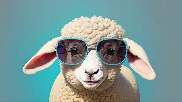 Sheep lamb in sunglass shade glasses isolated on solid pastel background