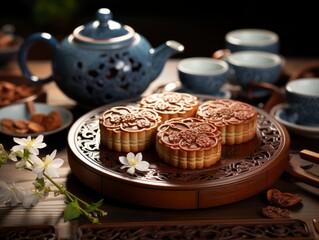 Obraz na płótnie Canvas Photo mid autumn festival concept traditional mooncakes on table with teacup