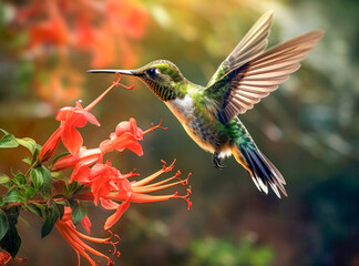 Bunter Kolibri sammelt Nektar an Blüten von tropischen Blumen, generative KI - obrazy, fototapety, plakaty