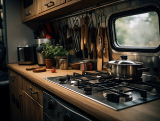 Detail shot, vanlife kitchen setup, stainless steel appliances, wooden countertops