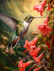 Bunter Kolibri sammelt Nektar an Blüten von tropischen Blumen, generative KI