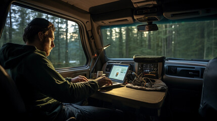 Man working on laptop in his van conversion, panoramic windows with forest view
