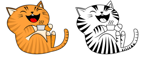 Happy Cat drinking coffee or tea vector illustration, Cartoon happy kitten laughing and holding a hot drink vector image