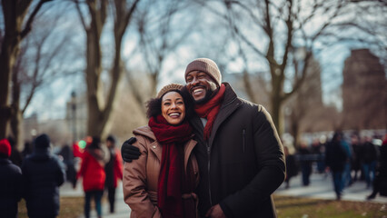 Middle age african-american couple smiling during the winter