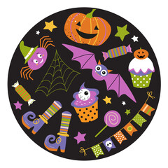 Happy Halloween stickers. Set of Halloween elements: cakes, funny pumpkin, spider, candy,  shoes etc. Perfect for scrapbooking, greeting card, party invitation, poster, tag, sticker.