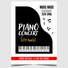 Piano concert invitation flyer, promo banner or poster with black grand piano and musical notes in the white background. Vector design template of leaflet or booklet for piano live music festival. © hello_design