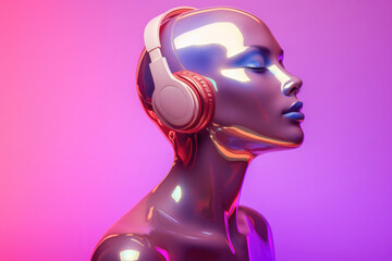 futuristic shiny holographic head of a woman with headphones