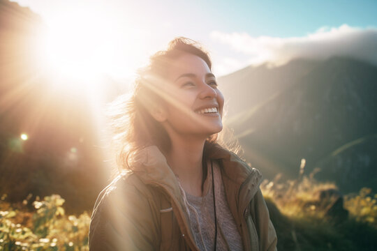 smiling woman hiker joyfully immerses herself in nature, surrounded by the stunning beauty of a mountain landscape, as sun rays illuminate the scenery, creating a magical and awe-inspiring atmosphere
