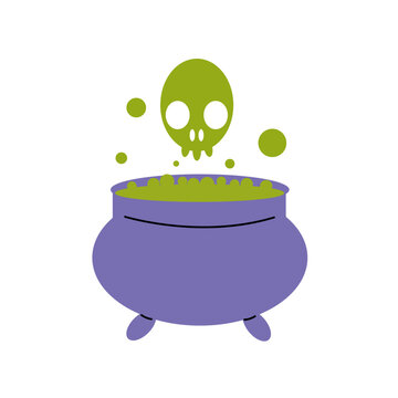 Halloween witches blue cauldron with poison potion isolated on white background. Icon image of magical boiling and bubbling pot. Vector illustration.
