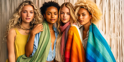 Inspirational trio of young women draped in vibrant rainbow scarves, studying a pride-themed fashion mood board against a neutral wood texture background. Generative AI