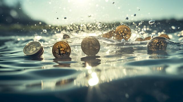 Bitcoin tokens dropping into a still pool of water