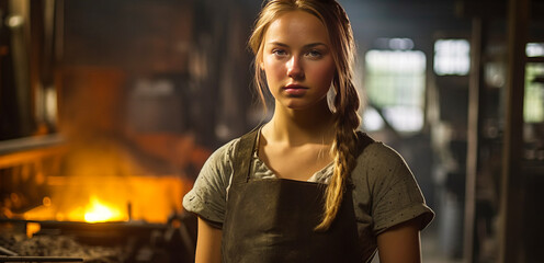 Captivating blacksmith woman with fiery eyes in leather apron, posed sideways amidst rustic forge and glowing furnace, space for marketing text. Generative AI