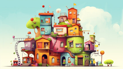 illustration of a fantasy castle with balloons and stairs