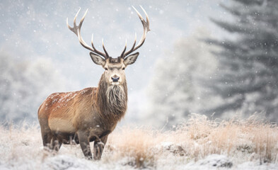 Naklejka na ściany i meble Red deer stag in the falling snow in winter