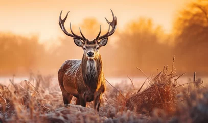 Poster Red deer stag at sunrise in winter © giedriius