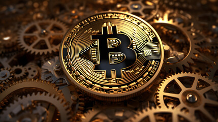 Bitcoin symbol with hundreds of tiny intricate golden gears