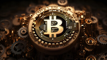 Bitcoin symbol with hundreds of tiny intricate golden gears - obrazy, fototapety, plakaty