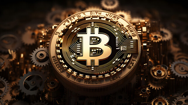 Bitcoin symbol with hundreds of tiny intricate golden gears