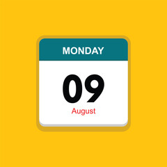 august 09 monday icon with yellow background, calender icon