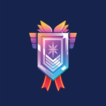 Game Rank Icon, Iridescent Rainbow Level Badge. Metallic Ui Medal With Military Star And Wings. Isolated Metal Reward