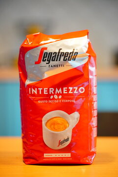 Poznan, Poland - August 6, 2023: Segafredo Intermezzo coffee beans in a bag on table