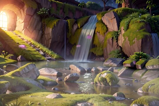 morning in the fantasy forest with butterfly and frog . Cartoon or anime illustration style. seamless looping virtual video animation background