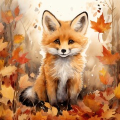 A cute fox sitting in the autumn forest with leaves.