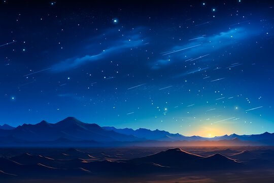 Beautiful night sky with falling stars in a desert. AI generative