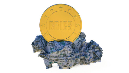a BRICS coin over crushed dollar bills